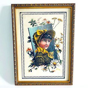 Vintage Framed Image Print Lady in a 19th century Hat with Yellow Ribbon